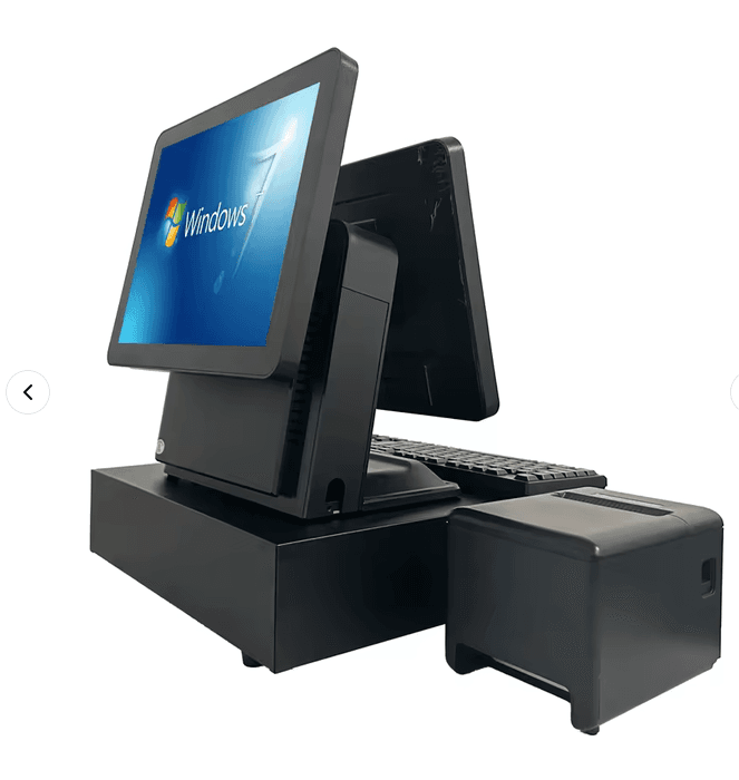 Complete kassa-opstelling: dubbel touchscreen, kassalade, toetsenbord en bonprinter